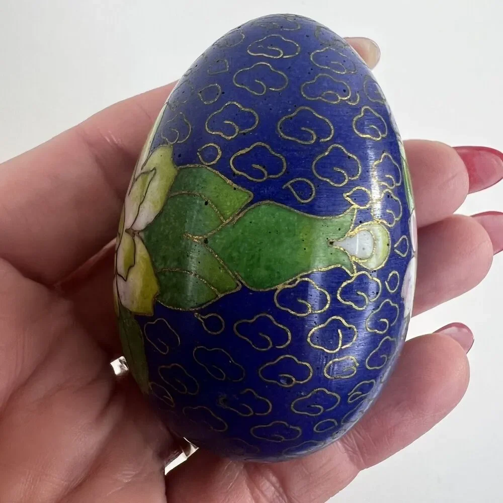 Vintage Cloisonné Enamel Egg Blue with Pink Flowers‎